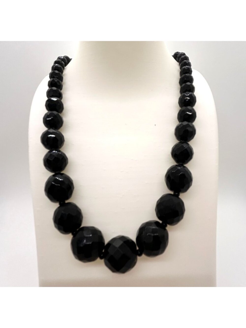 Vintage Black Faceted Glass Bead Graduated Statement Necklace Art Deco Style